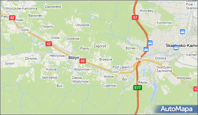 mapa Brzeście gmina Bliżyn, Brzeście gmina Bliżyn na mapie Targeo