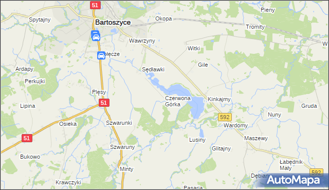 mapa Czerwona Górka gmina Bartoszyce, Czerwona Górka gmina Bartoszyce na mapie Targeo