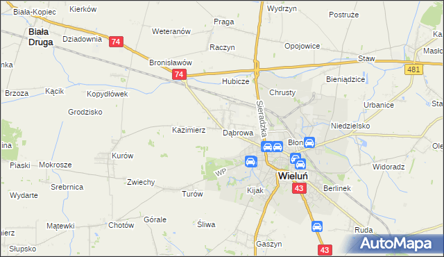 mapa Dąbrowa gmina Wieluń, Dąbrowa gmina Wieluń na mapie Targeo