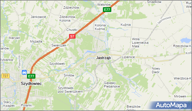 mapa Jastrząb powiat szydłowiecki, Jastrząb powiat szydłowiecki na mapie Targeo