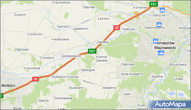 mapa Kolonia Zawada gmina Tomaszów Mazowiecki, Kolonia Zawada gmina Tomaszów Mazowiecki na mapie Targeo