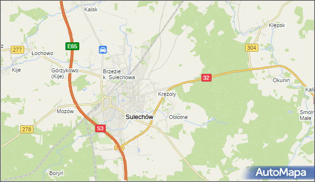 mapa Krężoły gmina Sulechów, Krężoły gmina Sulechów na mapie Targeo