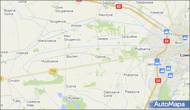 mapa Ostrów gmina Łowicz, Ostrów gmina Łowicz na mapie Targeo