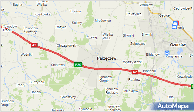 mapa Parzęczew powiat zgierski, Parzęczew powiat zgierski na mapie Targeo