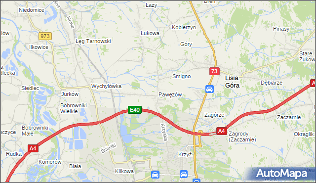 mapa Pawęzów gmina Lisia Góra, Pawęzów gmina Lisia Góra na mapie Targeo