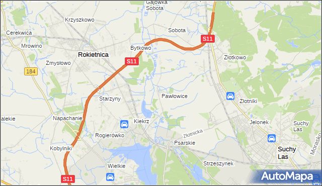 mapa Pawłowice gmina Rokietnica, Pawłowice gmina Rokietnica na mapie Targeo