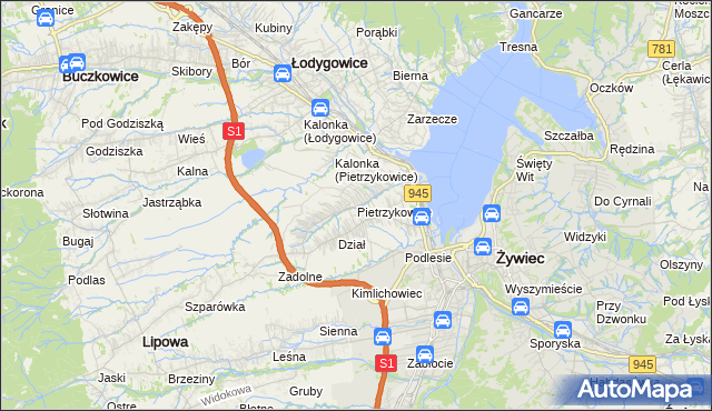 mapa Pietrzykowice gmina Łodygowice, Pietrzykowice gmina Łodygowice na mapie Targeo