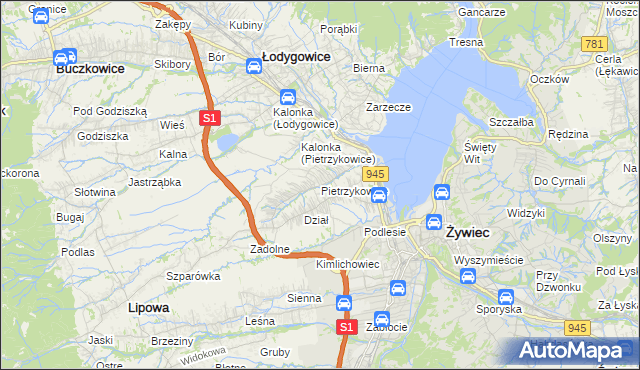 mapa Pietrzykowice gmina Łodygowice, Pietrzykowice gmina Łodygowice na mapie Targeo
