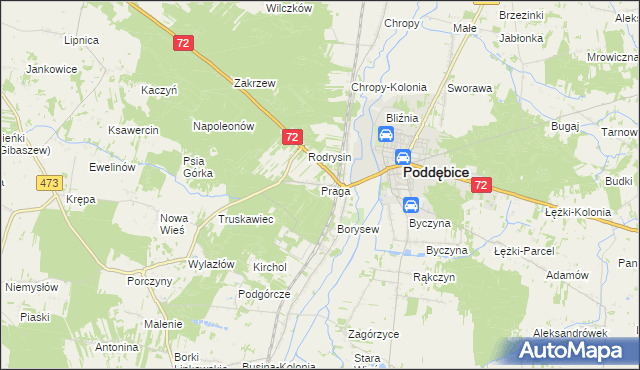 mapa Praga gmina Poddębice, Praga gmina Poddębice na mapie Targeo