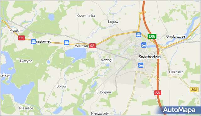 mapa Rozłogi gmina Świebodzin, Rozłogi gmina Świebodzin na mapie Targeo