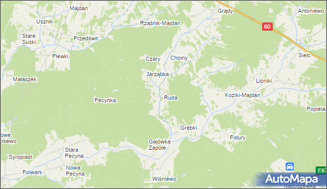 mapa Ruda gmina Wąsewo, Ruda gmina Wąsewo na mapie Targeo