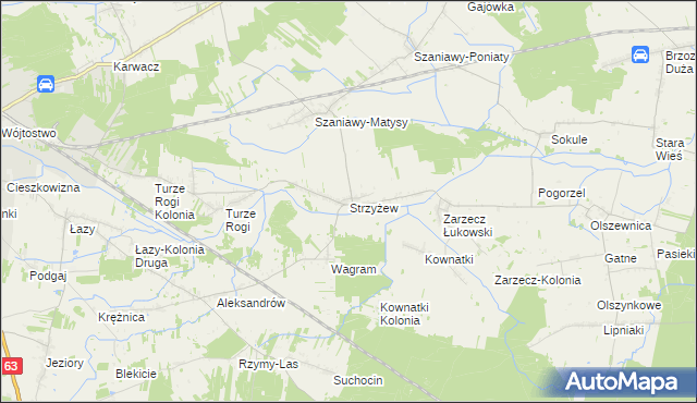mapa Strzyżew gmina Łuków, Strzyżew gmina Łuków na mapie Targeo