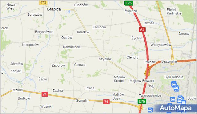 mapa Szydłów gmina Grabica, Szydłów gmina Grabica na mapie Targeo