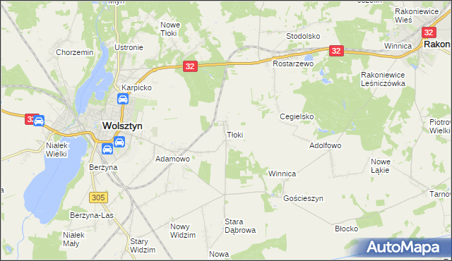 mapa Tłoki gmina Wolsztyn, Tłoki gmina Wolsztyn na mapie Targeo