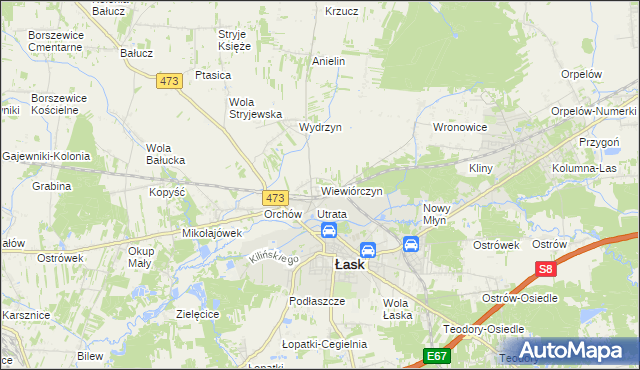 mapa Wiewiórczyn gmina Łask, Wiewiórczyn gmina Łask na mapie Targeo