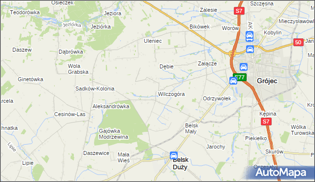 mapa Wilczogóra gmina Belsk Duży, Wilczogóra gmina Belsk Duży na mapie Targeo