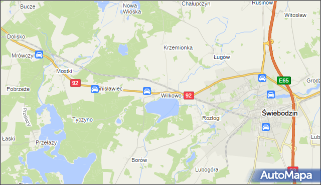 mapa Wilkowo gmina Świebodzin, Wilkowo gmina Świebodzin na mapie Targeo