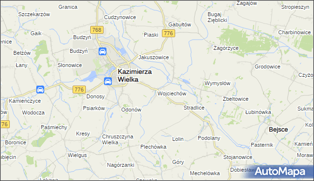 mapa Wojciechów gmina Kazimierza Wielka, Wojciechów gmina Kazimierza Wielka na mapie Targeo