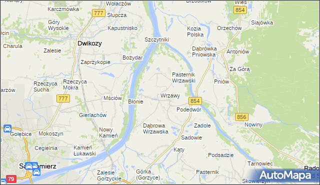 mapa Wrzawy gmina Gorzyce, Wrzawy gmina Gorzyce na mapie Targeo