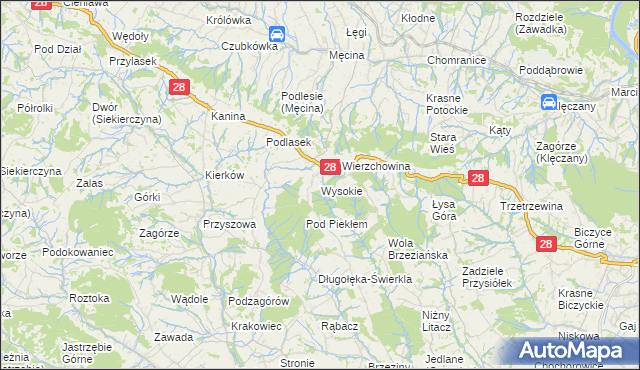 mapa Wysokie gmina Limanowa, Wysokie gmina Limanowa na mapie Targeo