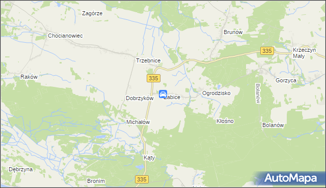 mapa Żabice gmina Chocianów, Żabice gmina Chocianów na mapie Targeo