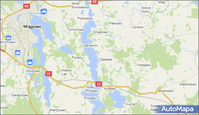 mapa Zawada gmina Mrągowo, Zawada gmina Mrągowo na mapie Targeo