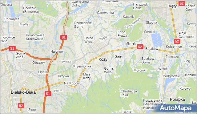 mapa Kozy powiat bielski, Kozy powiat bielski na mapie Targeo