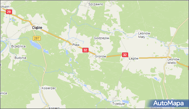 mapa Gronów gmina Dąbie, Gronów gmina Dąbie na mapie Targeo