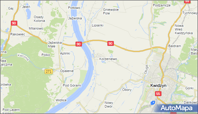 mapa Korzeniewo gmina Kwidzyn, Korzeniewo gmina Kwidzyn na mapie Targeo