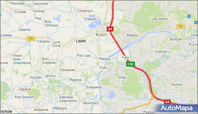 mapa Piekary gmina Liszki, Piekary gmina Liszki na mapie Targeo