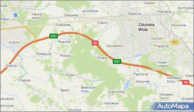 mapa Poręby gmina Zduńska Wola, Poręby gmina Zduńska Wola na mapie Targeo