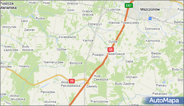 mapa Powązki gmina Mszczonów, Powązki gmina Mszczonów na mapie Targeo