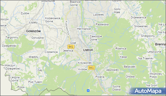 mapa Ustroń powiat cieszyński, Ustroń powiat cieszyński na mapie Targeo