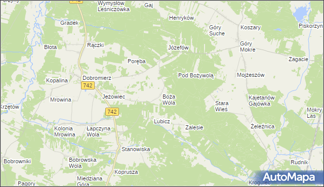 mapa Boża Wola gmina Kluczewsko, Boża Wola gmina Kluczewsko na mapie Targeo