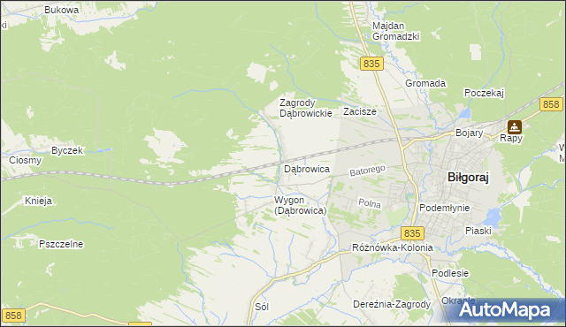 mapa Dąbrowica gmina Biłgoraj, Dąbrowica gmina Biłgoraj na mapie Targeo