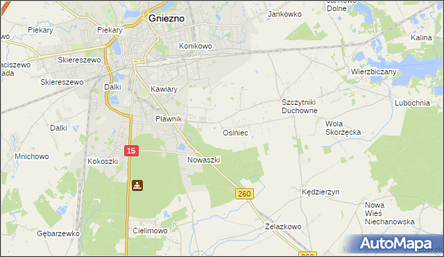 mapa Osiniec gmina Gniezno, Osiniec gmina Gniezno na mapie Targeo