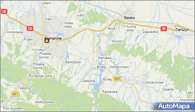 mapa Sieniawa gmina Rymanów, Sieniawa gmina Rymanów na mapie Targeo