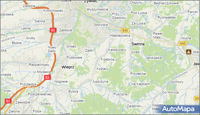 mapa Trzebinia gmina Świnna, Trzebinia gmina Świnna na mapie Targeo