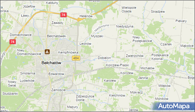 mapa Dobiecin gmina Bełchatów, Dobiecin gmina Bełchatów na mapie Targeo