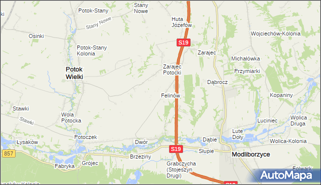 mapa Felinów gmina Modliborzyce, Felinów gmina Modliborzyce na mapie Targeo