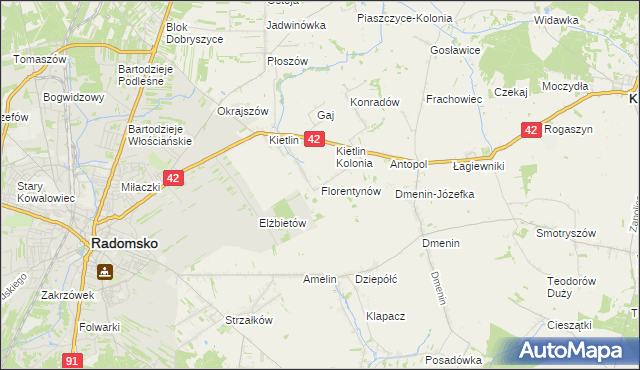 mapa Florentynów gmina Kodrąb, Florentynów gmina Kodrąb na mapie Targeo