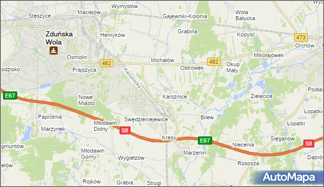 mapa Karsznice gmina Zduńska Wola, Karsznice gmina Zduńska Wola na mapie Targeo