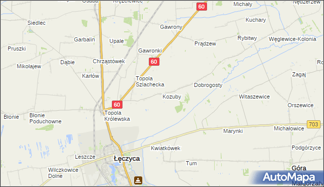 mapa Kozuby gmina Łęczyca, Kozuby gmina Łęczyca na mapie Targeo