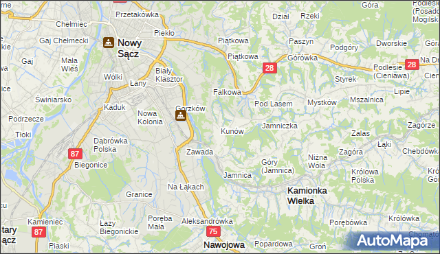 mapa Kunów gmina Chełmiec, Kunów gmina Chełmiec na mapie Targeo