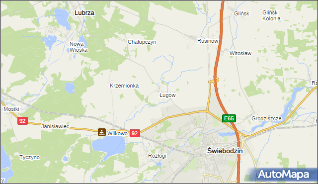 mapa Ługów gmina Świebodzin, Ługów gmina Świebodzin na mapie Targeo