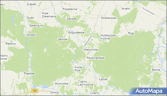 mapa Maksymów gmina Wielgomłyny, Maksymów gmina Wielgomłyny na mapie Targeo