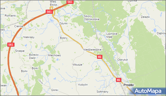 mapa Niedźwiedzkie gmina Prostki, Niedźwiedzkie gmina Prostki na mapie Targeo