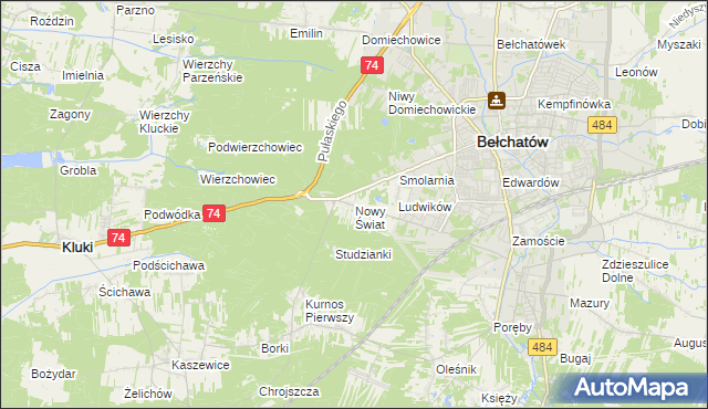 mapa Nowy Świat gmina Bełchatów, Nowy Świat gmina Bełchatów na mapie Targeo