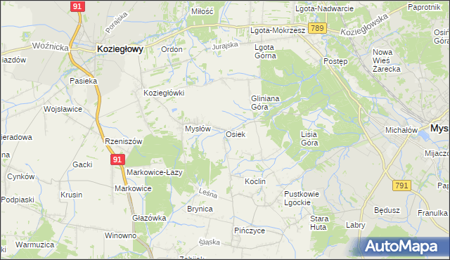 mapa Osiek gmina Koziegłowy, Osiek gmina Koziegłowy na mapie Targeo
