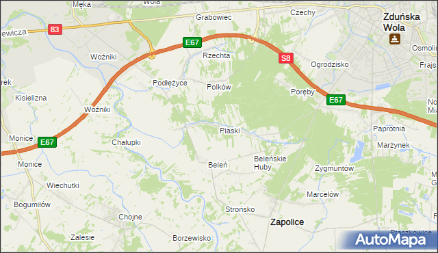 mapa Piaski gmina Zduńska Wola, Piaski gmina Zduńska Wola na mapie Targeo